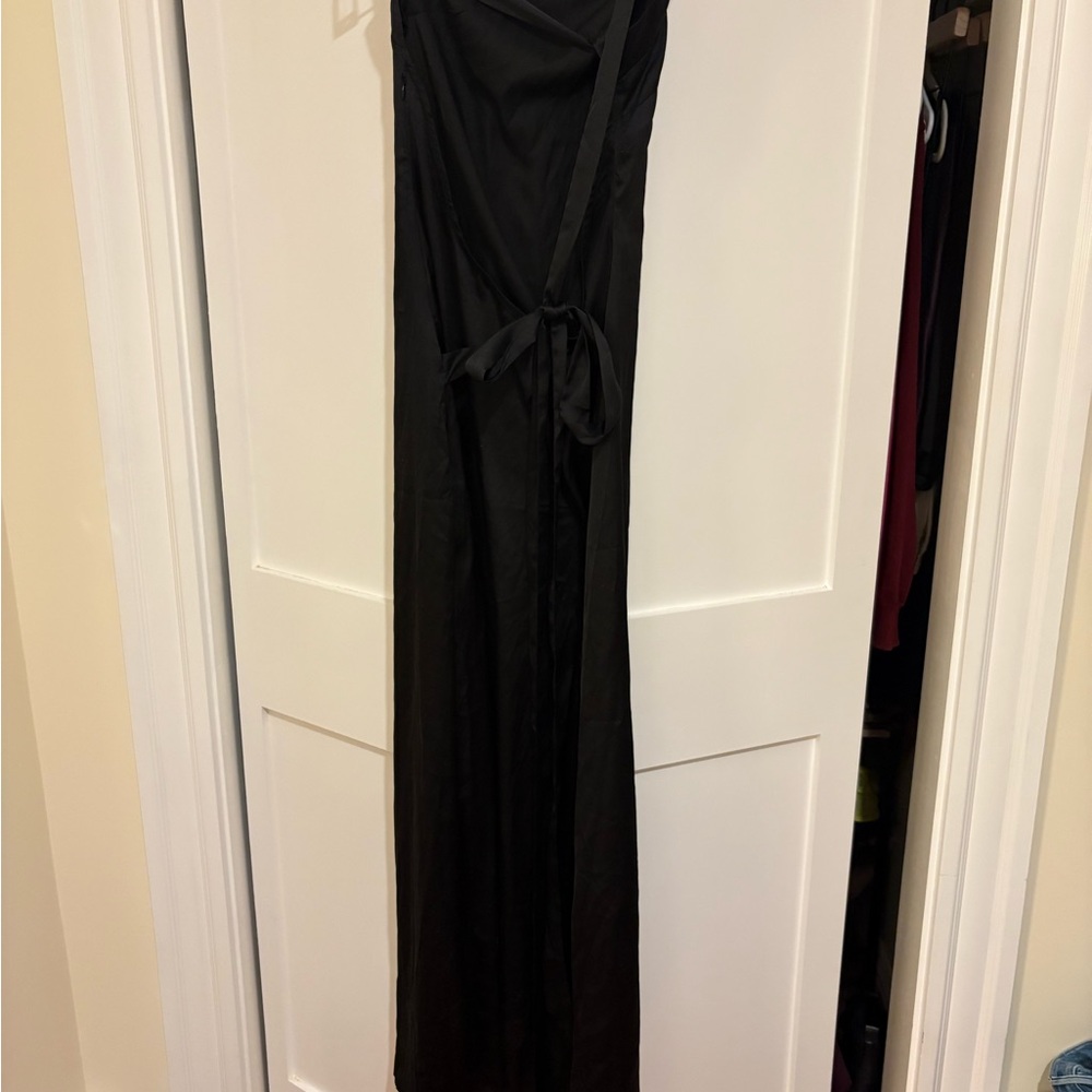 Commense Black Satin Wrap Dress with Self-Tie Waist